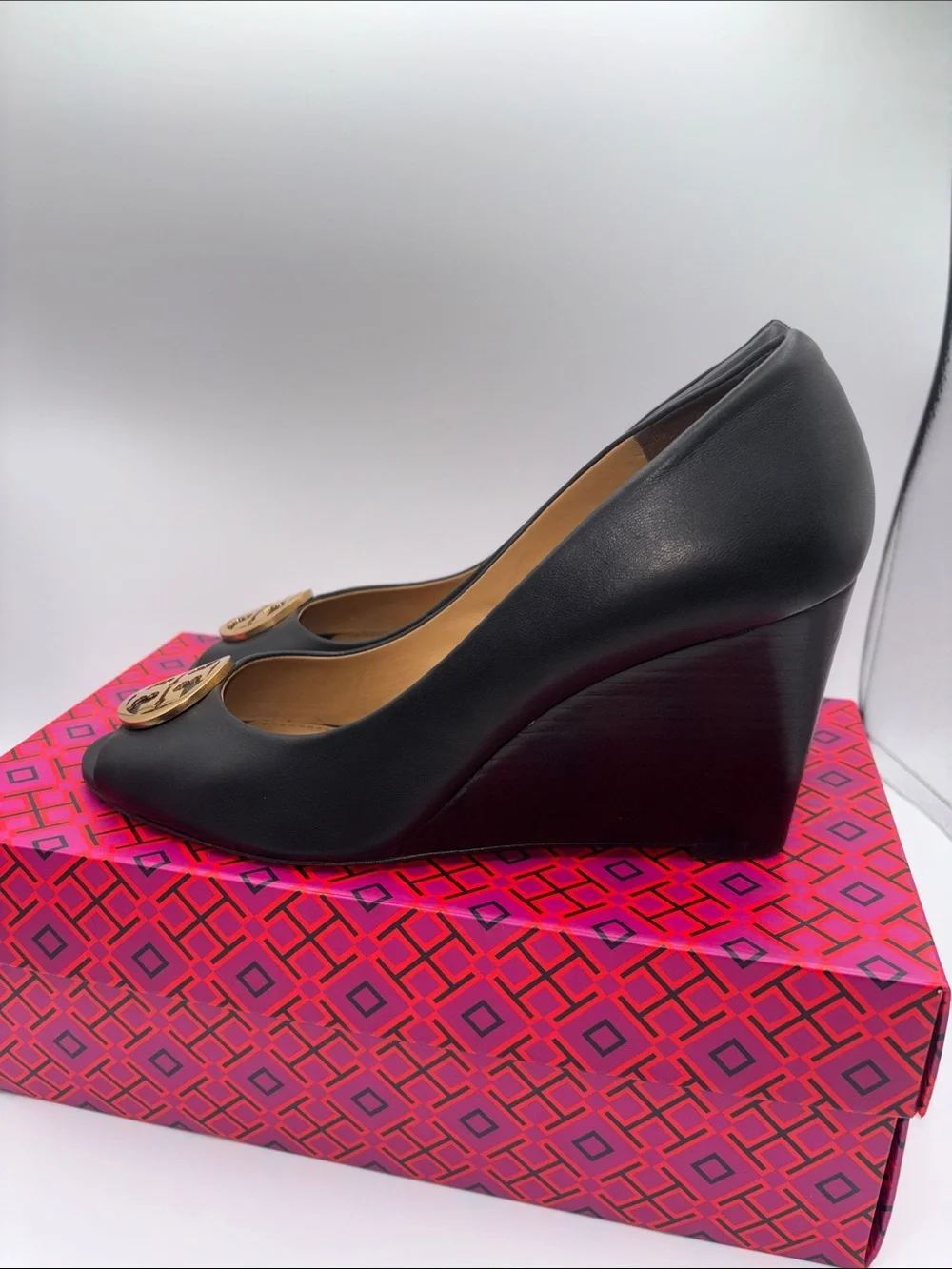 Tory Burch Black Leather Peep Toe Wedges with Gold Logo Medallion